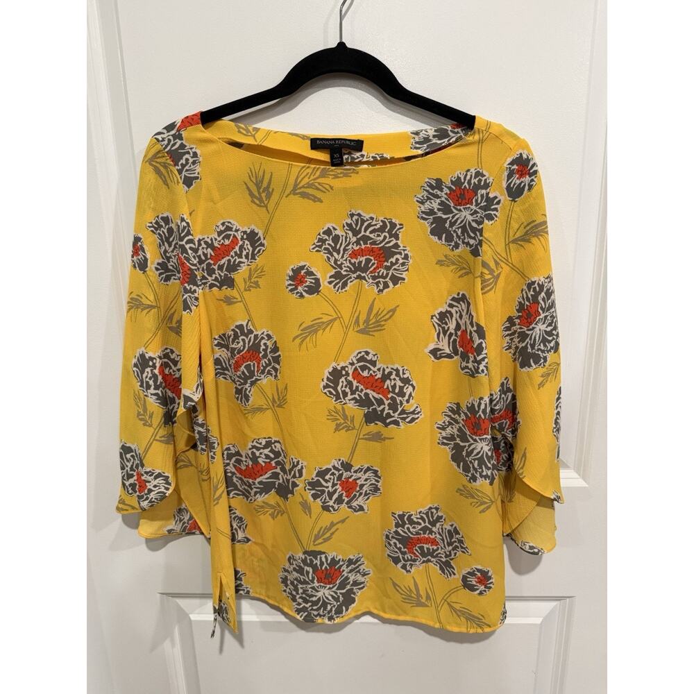 Banana Republic Sz XS Bright Yellow Floral Pullover Blouse Professional Business
